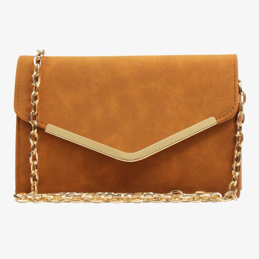 Brown Clutch Purse Gold Trim - Faux Suede